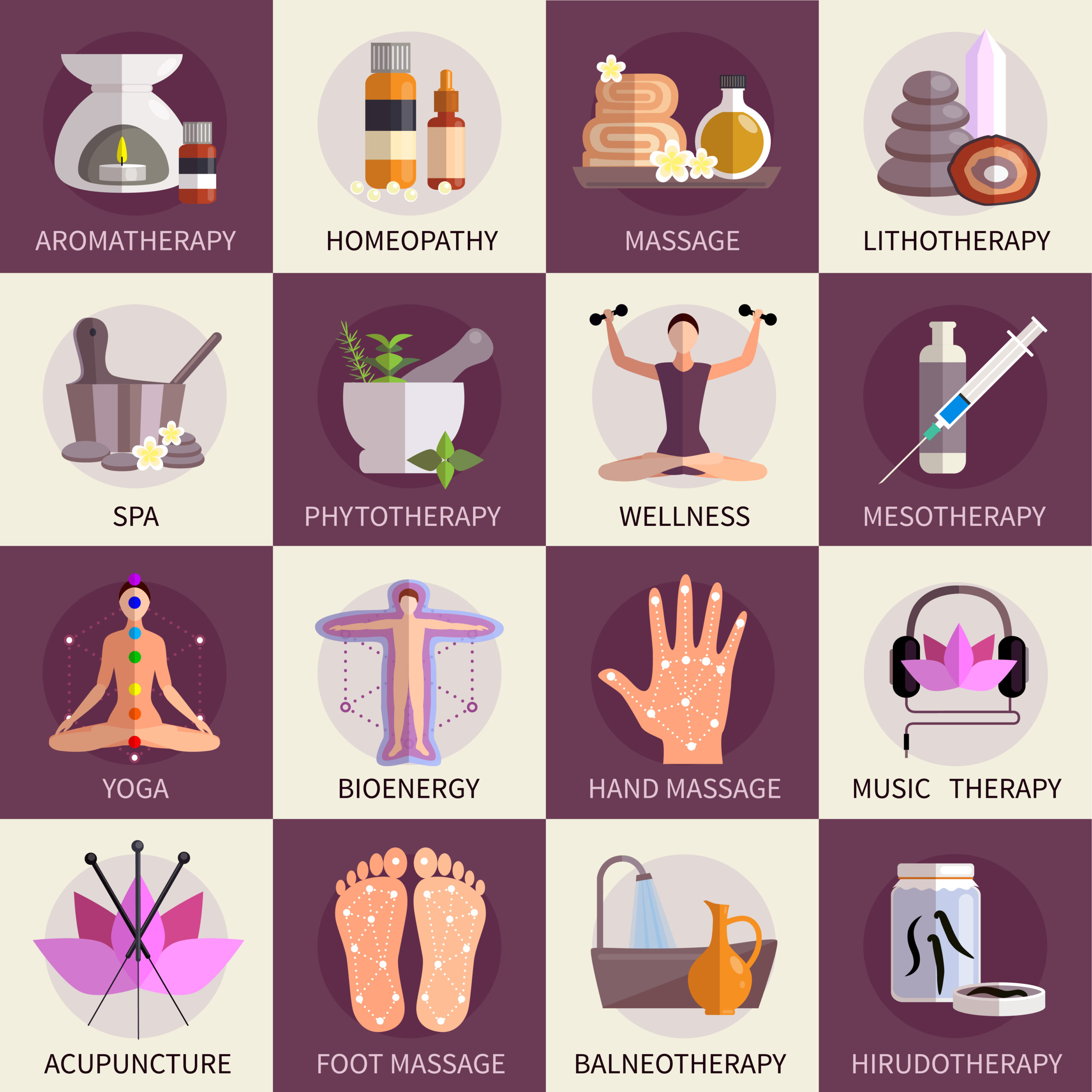 Alternative medicine icons set of yoga acupuncture wellness homeopathy symbols flat isolated vector illustration