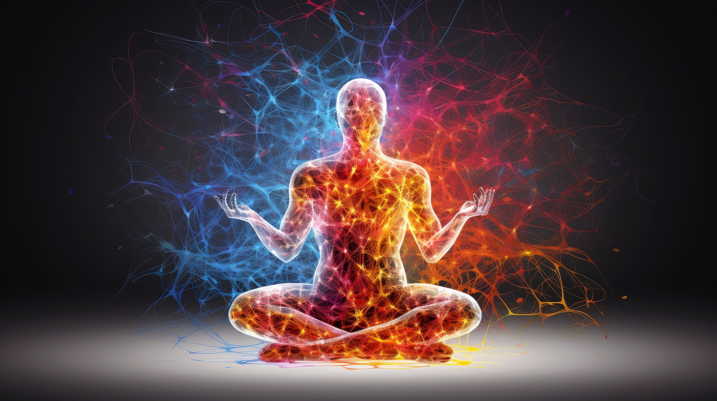 Human meditate, yoga. Psychic human considers mind and heart. Spirituality, esotericism, with bokeh defocused lights. universe, Psychic waves concept, Generative AI illustration