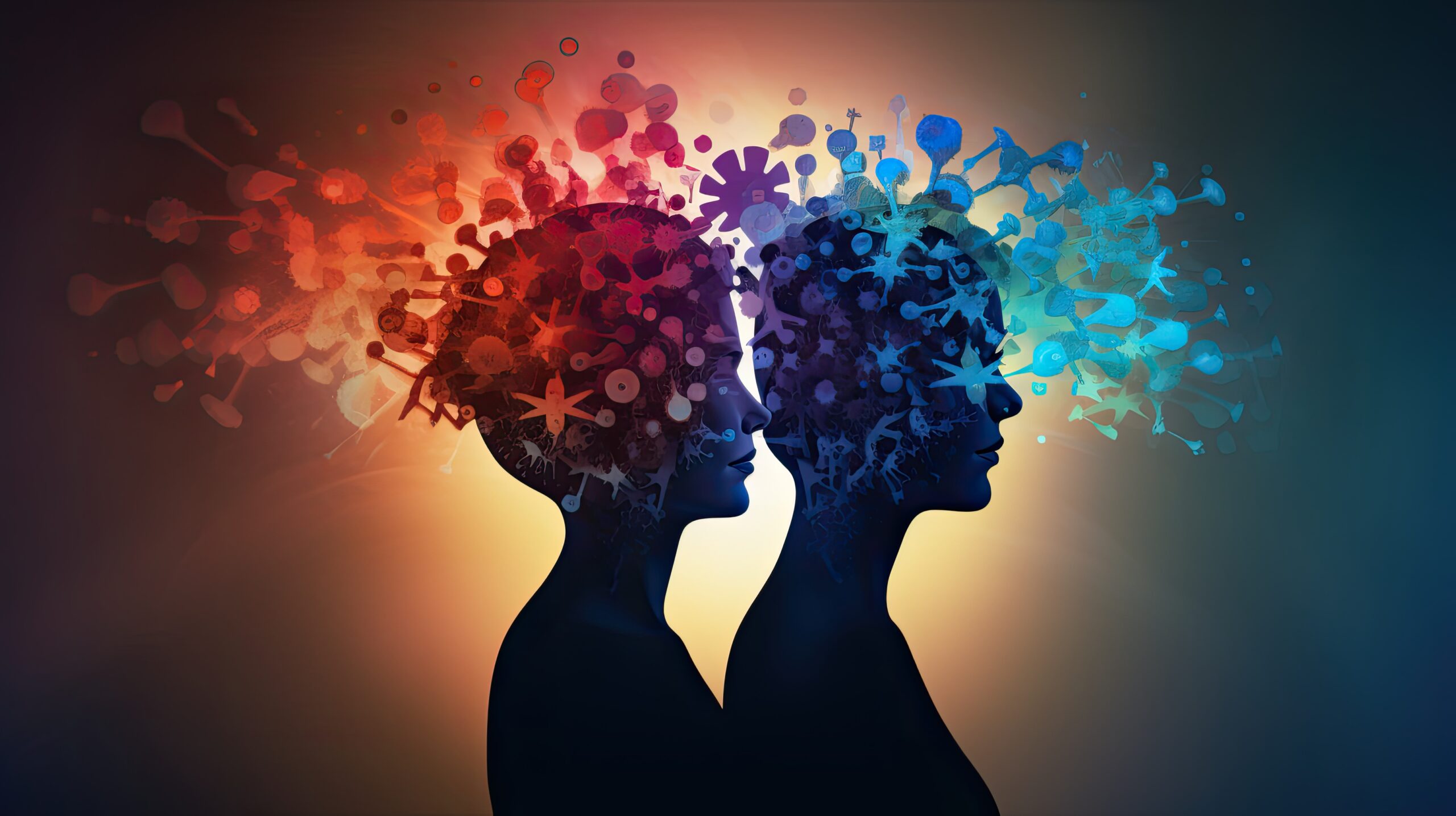 Abstract brain shapes representing the rational and irrational thinking of two individuals