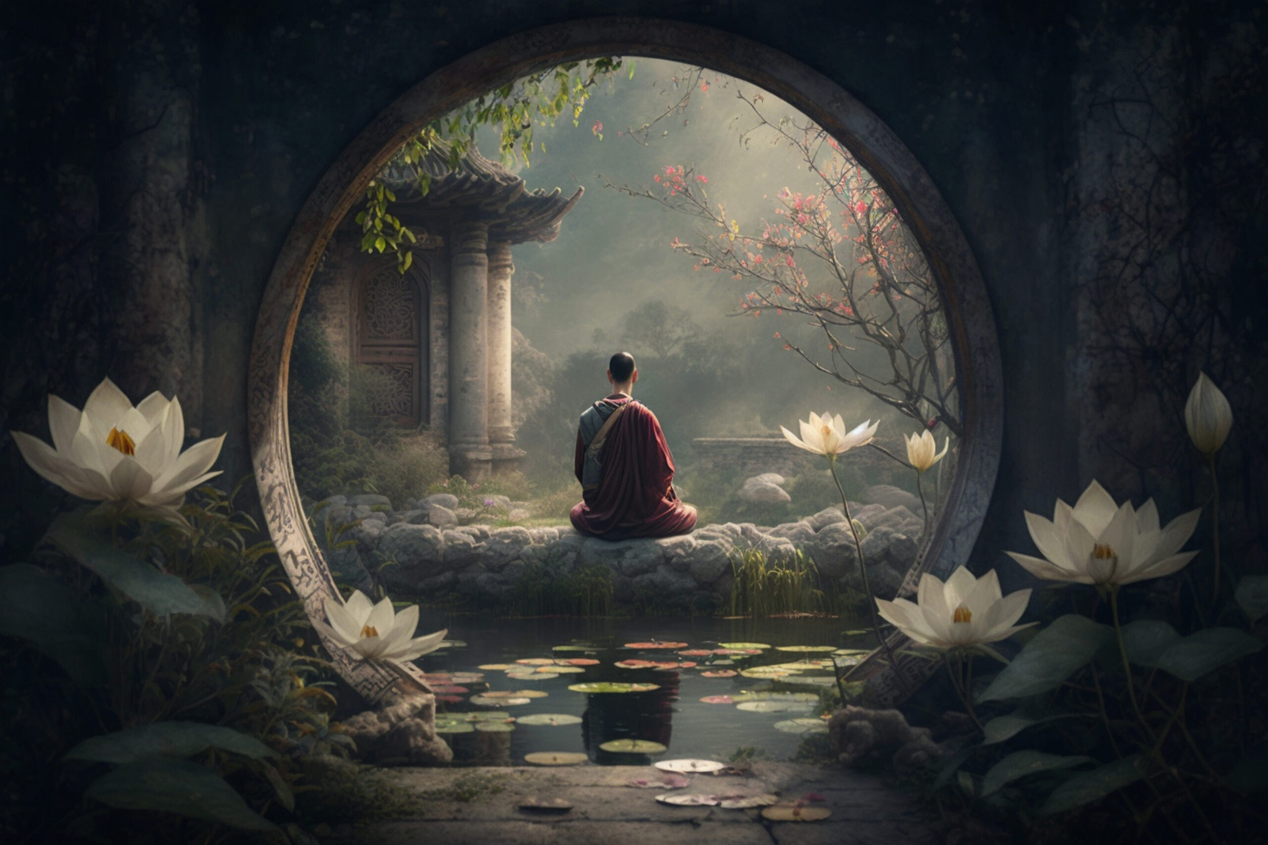 A Chinese priest meditates in a temple surrounded by water and lotus flowers, mystical, magical, enchanting