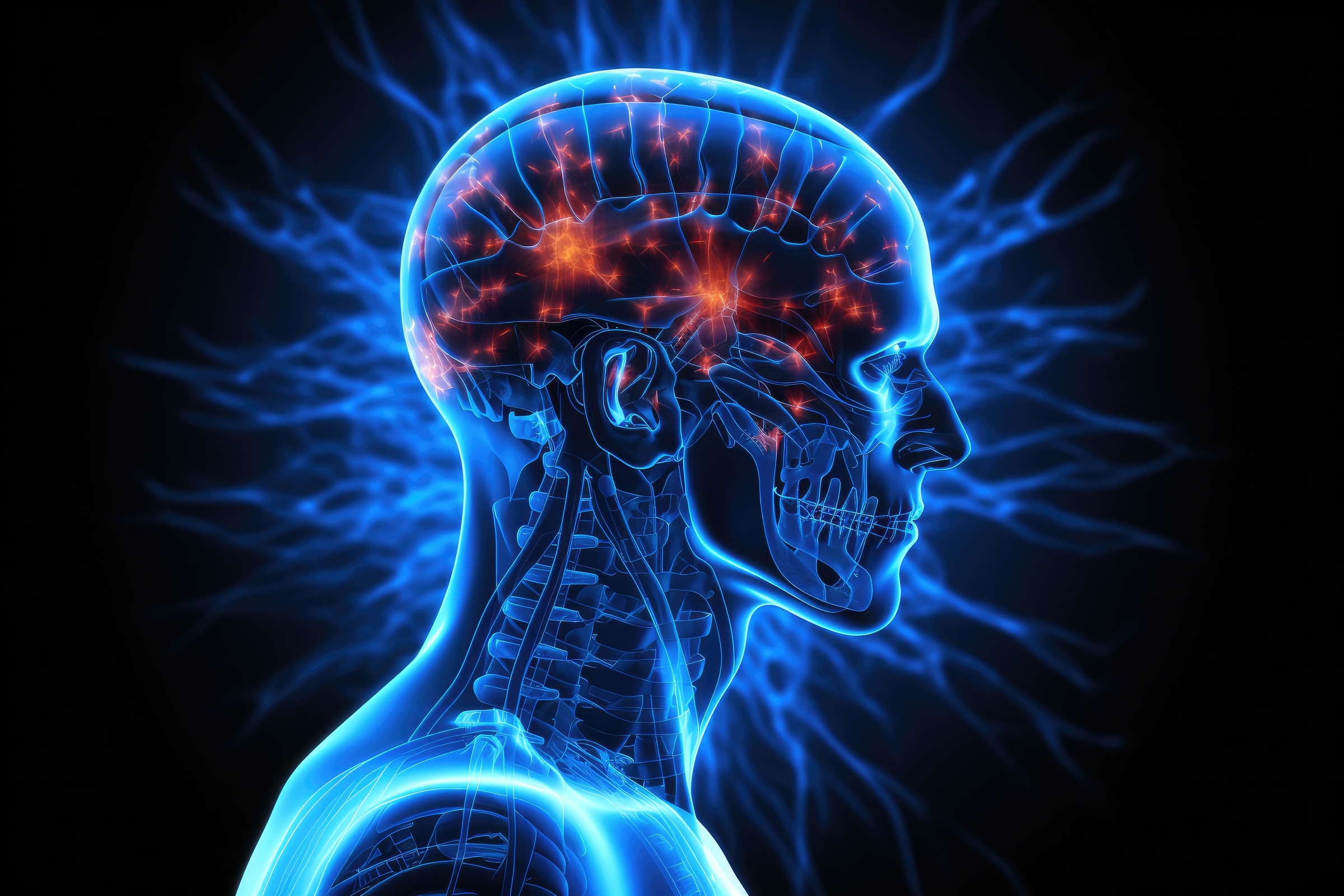 Digital illustration of human brain in colour background with glowing effect. 3D rendering, AI Generated