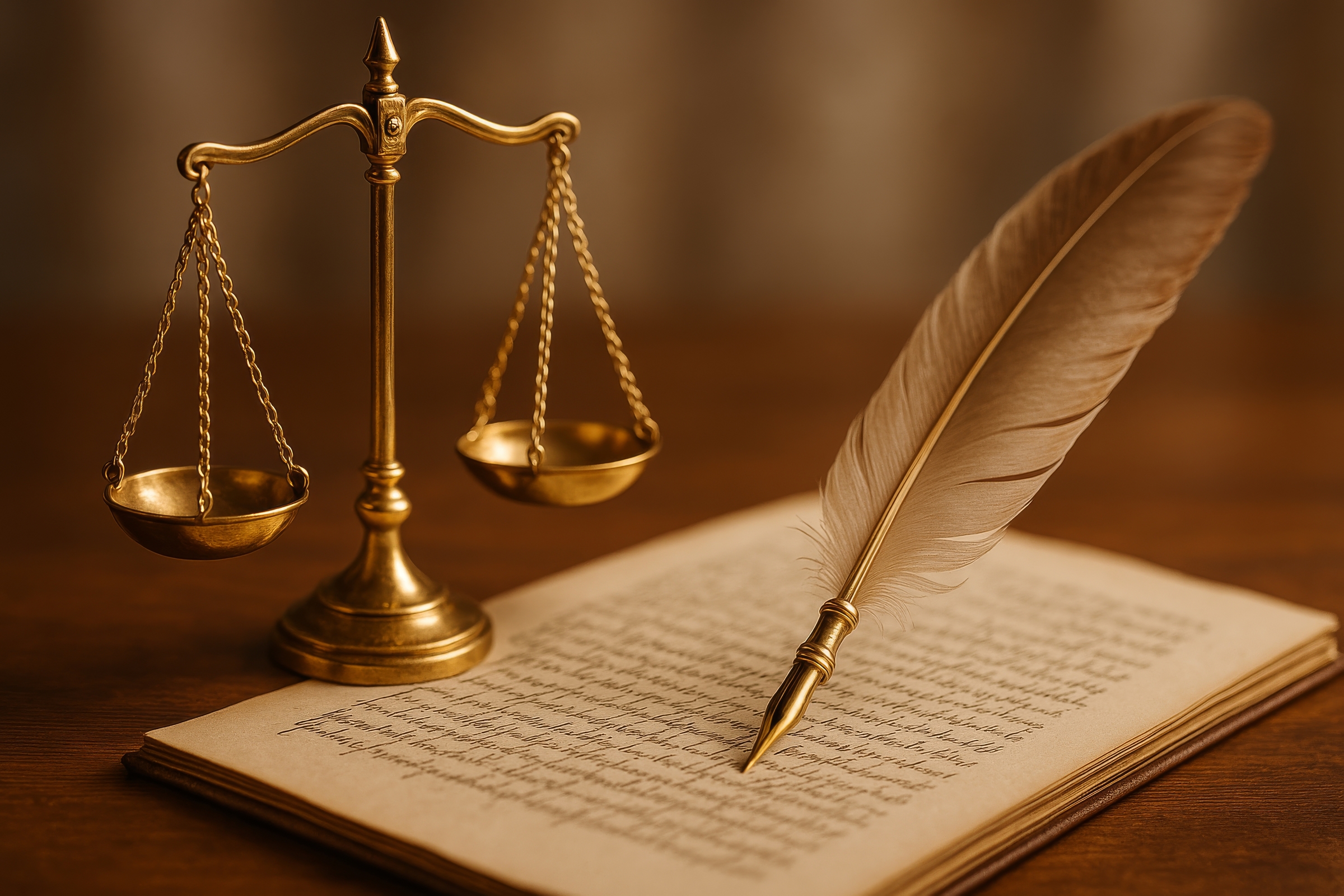 A golden scale stands beside an elegant quill and ink on handwritten parchment, symbolizing the connection between justice and traditional legal practices in a warm, inviting setting.