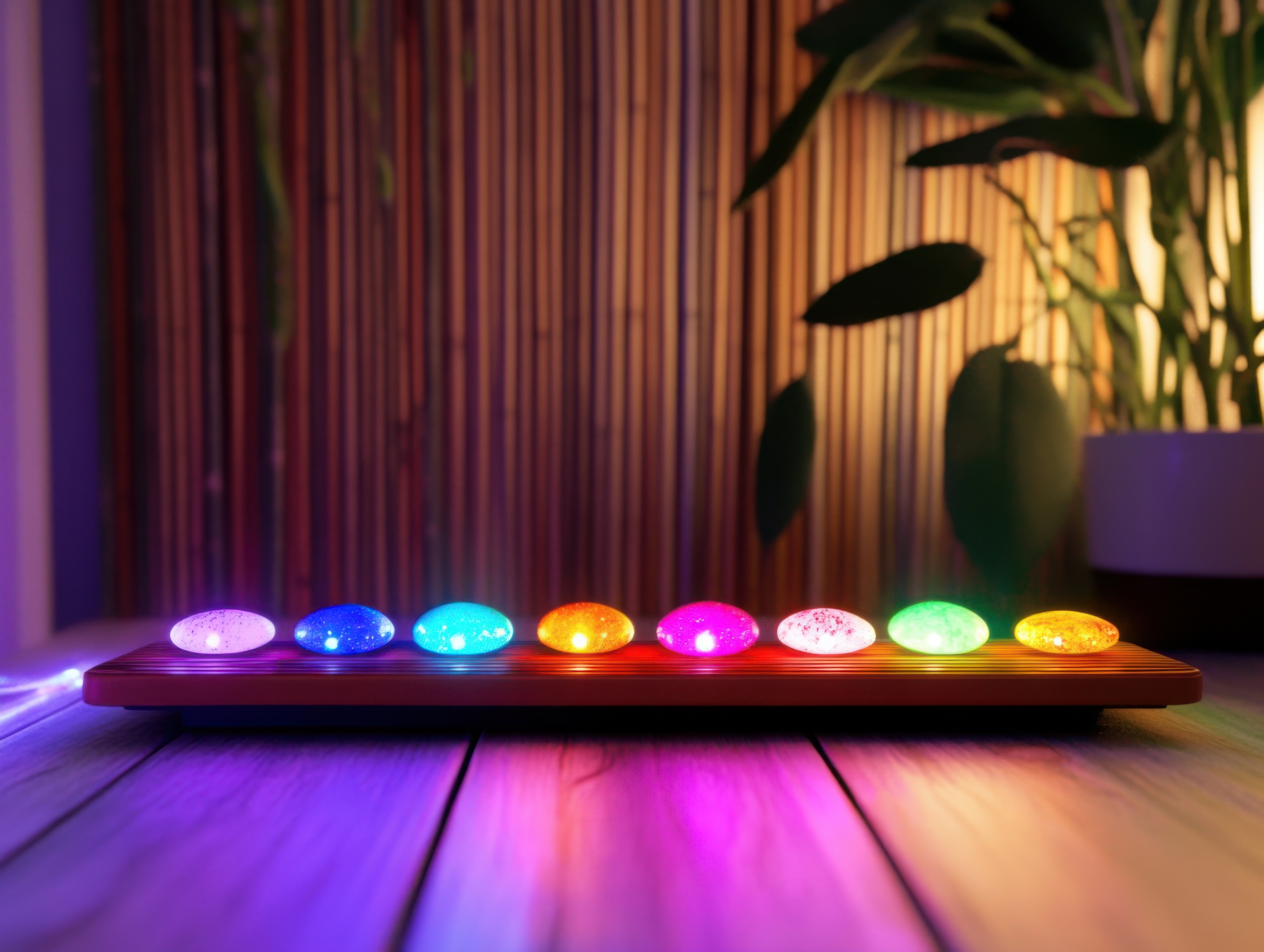 Chakra Healing Stones Positioned in Bamboo Design