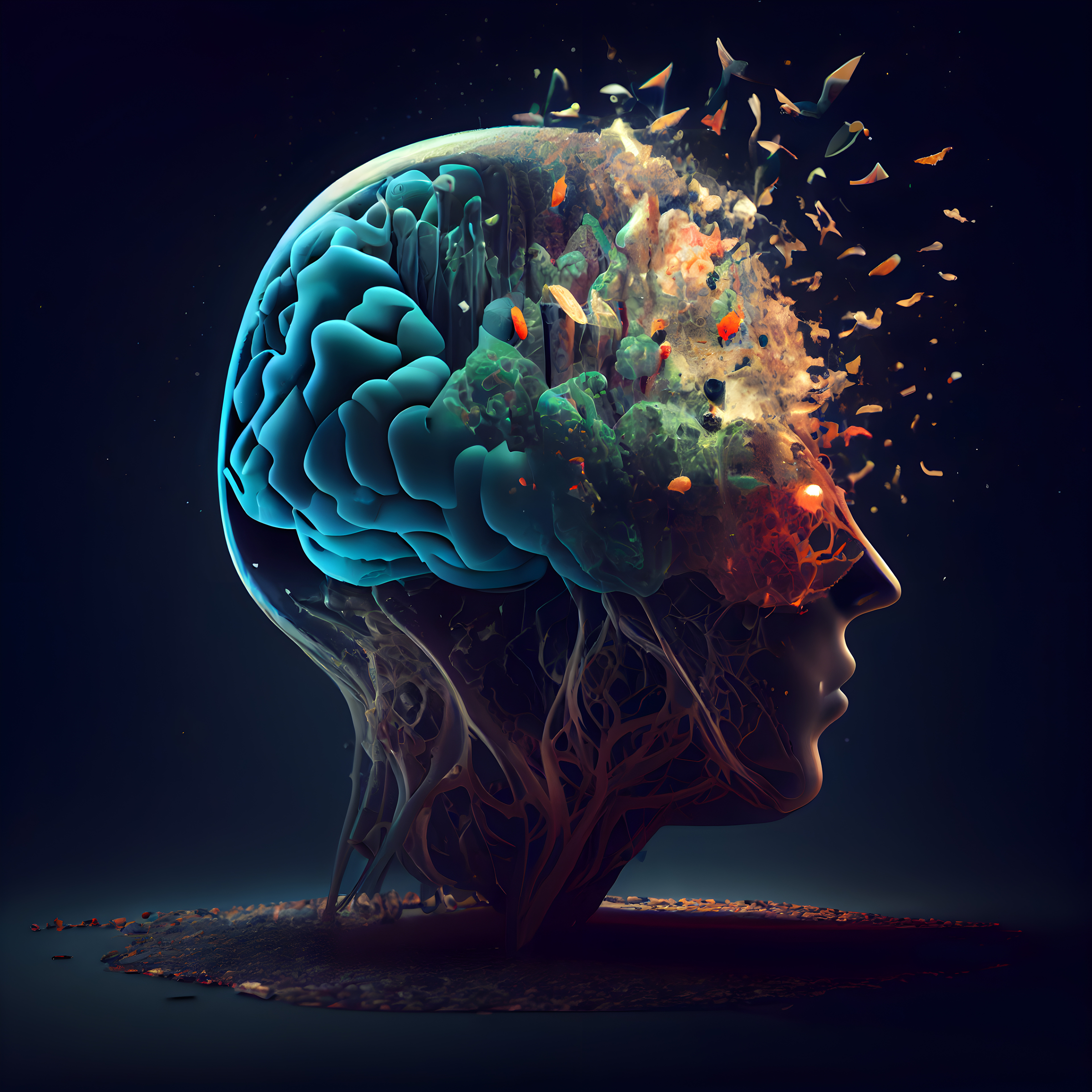 Human head with abstract brain. Mental health concept. 3D Rendering