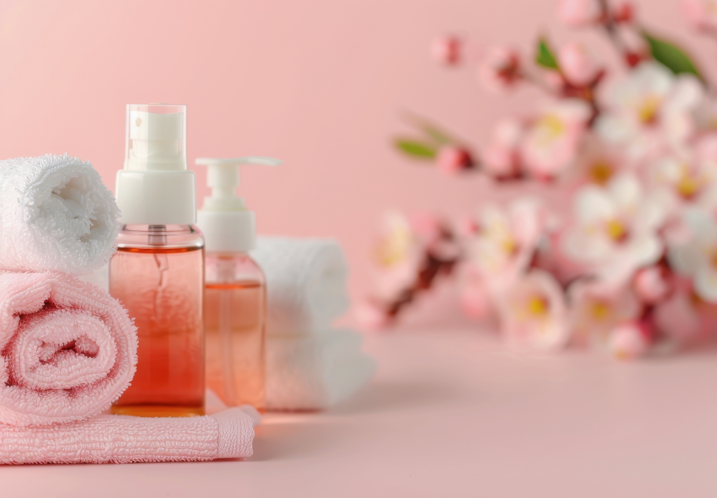 Soft pink towels and small bottles of skincare products are arranged neatly alongside delicate flowers, creating a calming and inviting atmosphere ideal for relaxation and self-care.