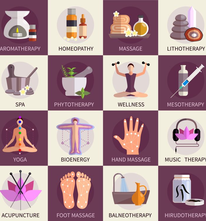 Alternative medicine icons set of yoga acupuncture wellness homeopathy  symbols   flat isolated vector illustration