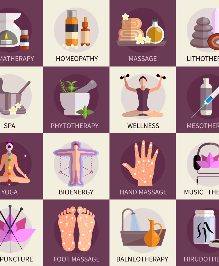 Alternative medicine icons set of yoga acupuncture wellness homeopathy  symbols   flat isolated vector illustration