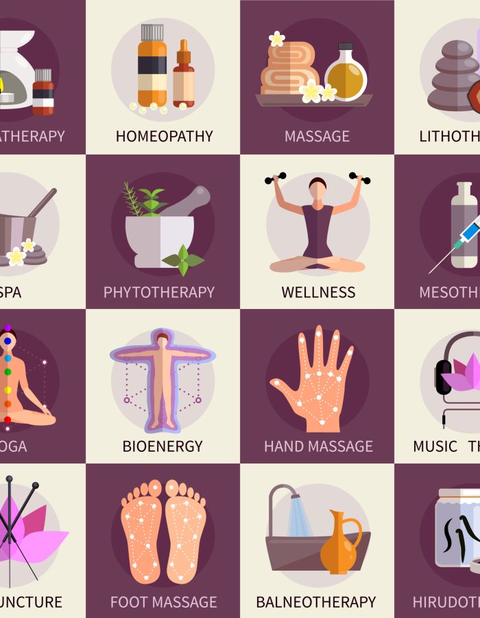Alternative medicine icons set of yoga acupuncture wellness homeopathy  symbols   flat isolated vector illustration
