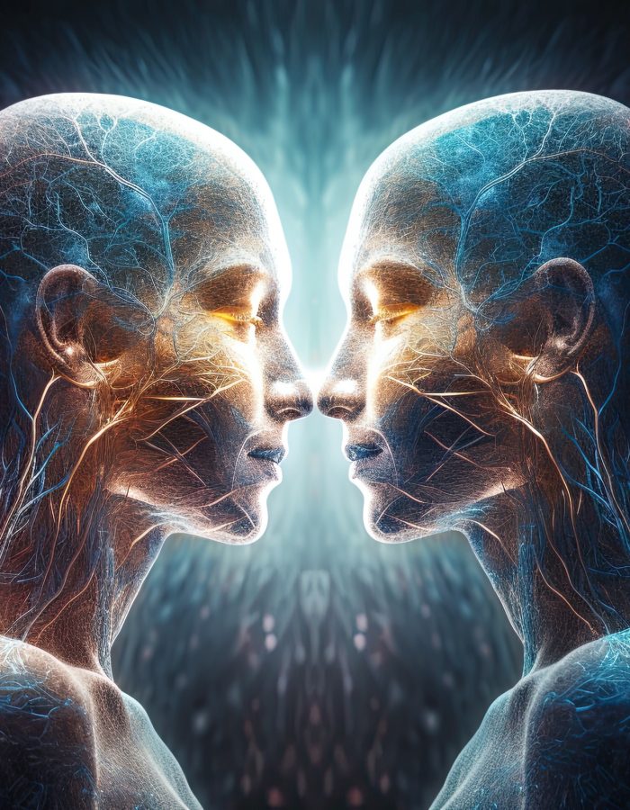 3d rendered illustration of a female and male face facing each other, Human souls couple in love. Astral body esoteric, AI Generated