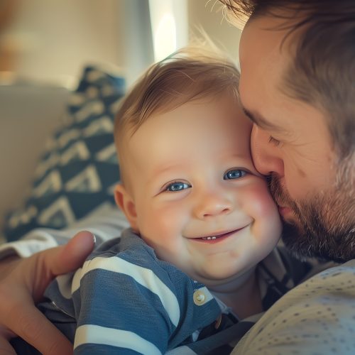 A loving dad cradles his adorable baby in his arms, both smiling with pure joy and affection. The essence of the bond between a father and his child. Generative AI.