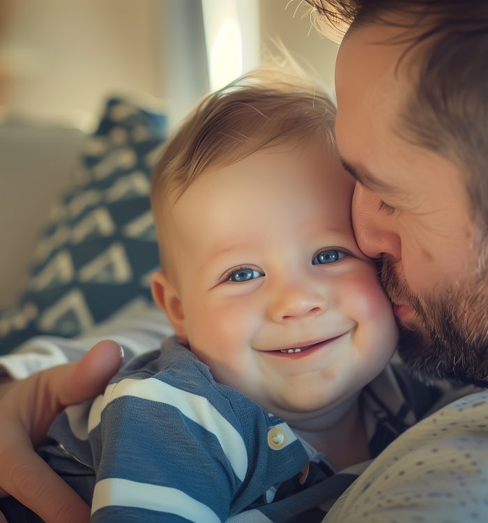 A loving dad cradles his adorable baby in his arms, both smiling with pure joy and affection. The essence of the bond between a father and his child. Generative AI.