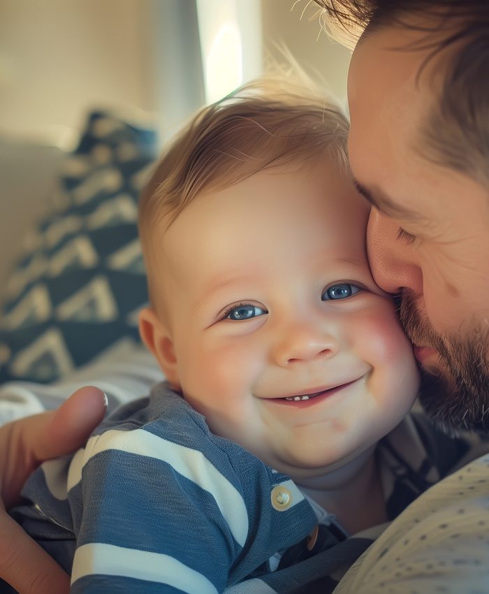 A loving dad cradles his adorable baby in his arms, both smiling with pure joy and affection. The essence of the bond between a father and his child. Generative AI.