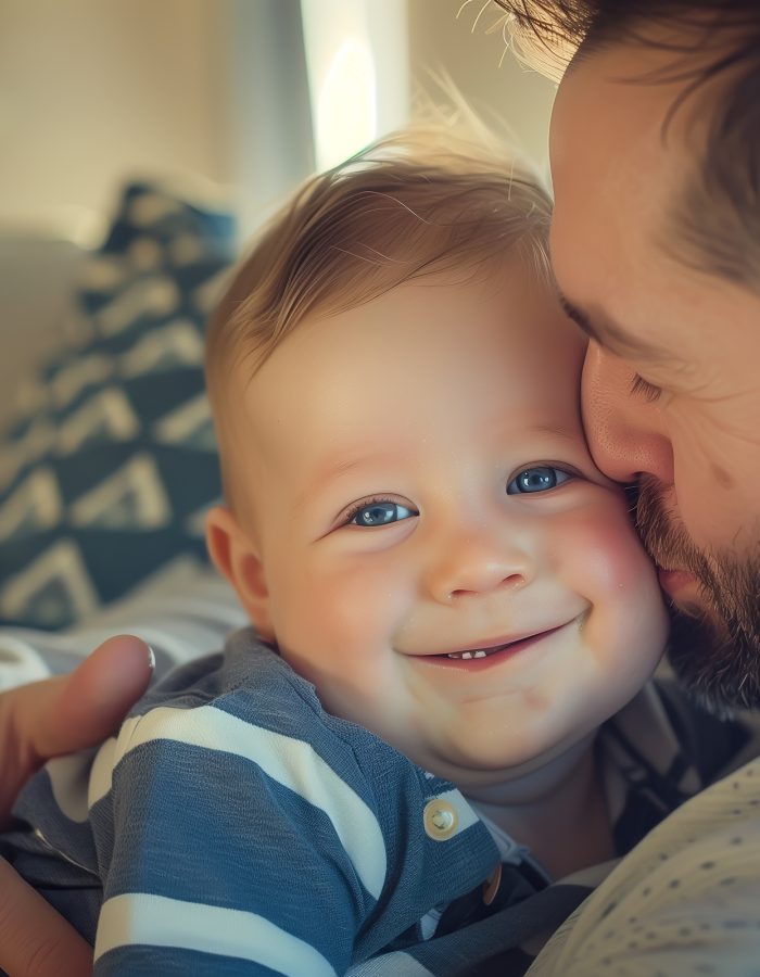 A loving dad cradles his adorable baby in his arms, both smiling with pure joy and affection. The essence of the bond between a father and his child. Generative AI.