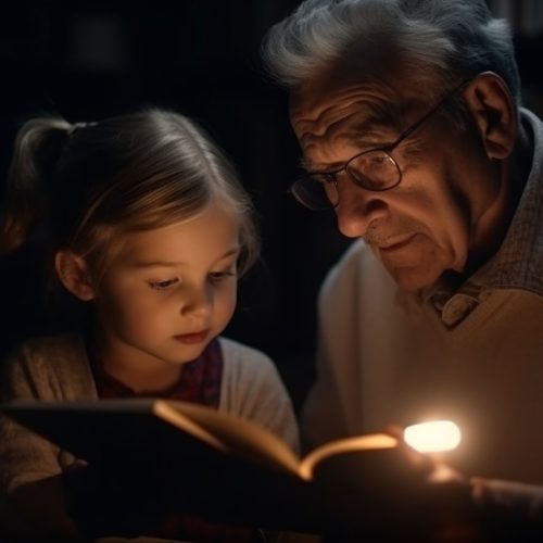 A multi generation family bonding over literature in their living room generated by artificial intelligence