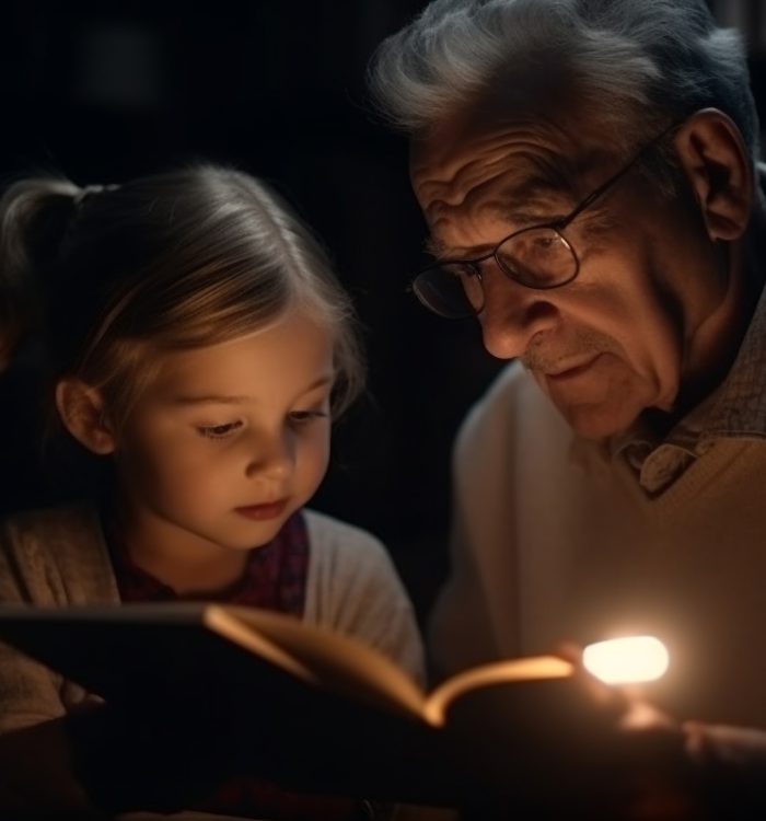 A multi generation family bonding over literature in their living room generated by artificial intelligence