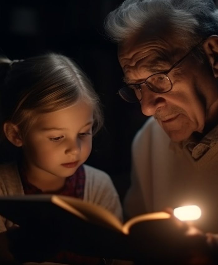 A multi generation family bonding over literature in their living room generated by artificial intelligence