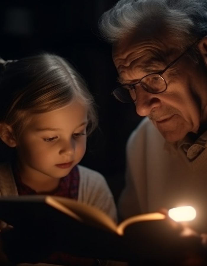 A multi generation family bonding over literature in their living room generated by artificial intelligence