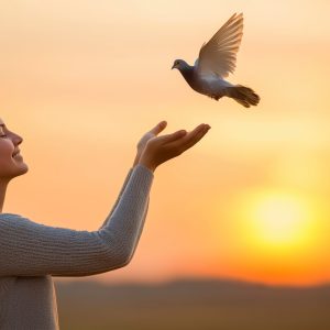 A woman is holding a bird in her hands. The bird is white and flying in the sky