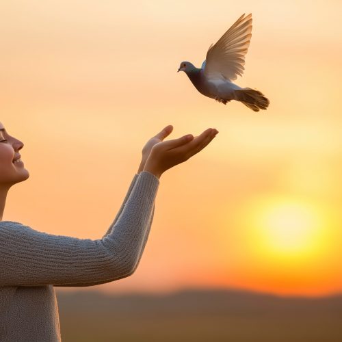 A woman is holding a bird in her hands. The bird is white and flying in the sky