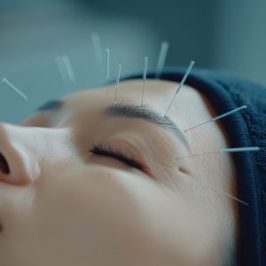A person receives acupuncture treatment with fine needles carefully placed on their forehead, promoting relaxation and healing in a serene wellness environment.