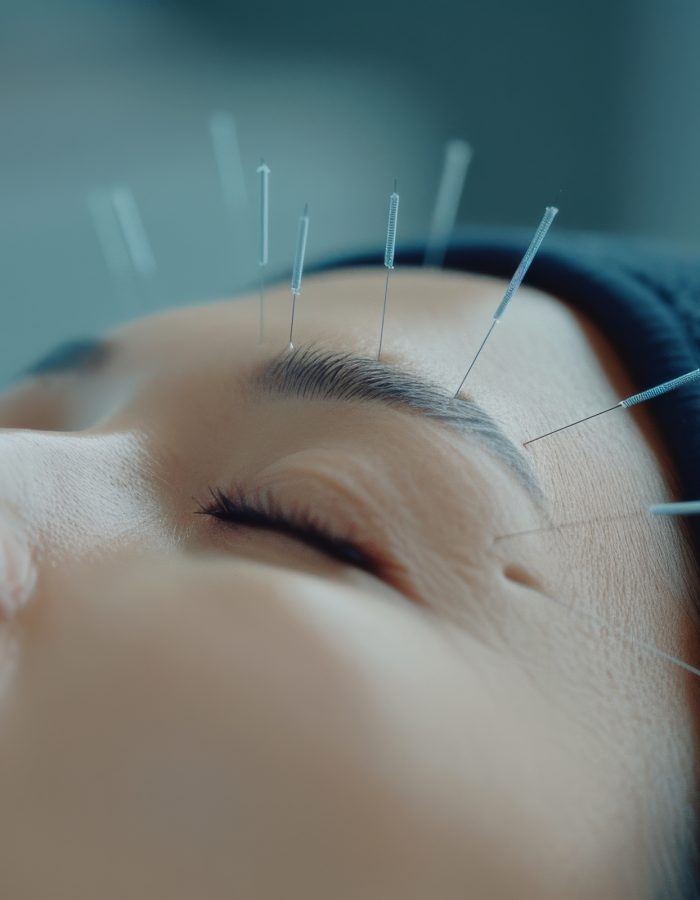 A person receives acupuncture treatment with fine needles carefully placed on their forehead, promoting relaxation and healing in a serene wellness environment.