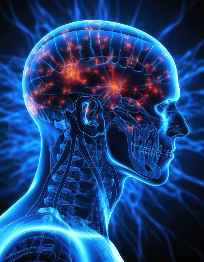 Digital illustration of human brain in colour background with glowing effect. 3D rendering, AI Generated