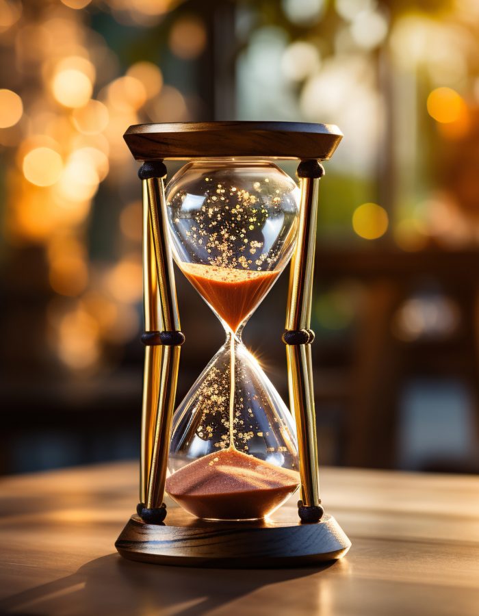 Elegant hourglass on a wooden surface with golden bokeh background.