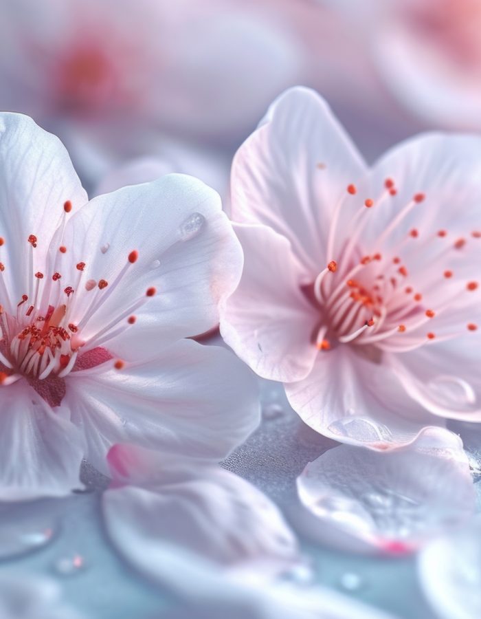 flowers with a background of petals on a white table.