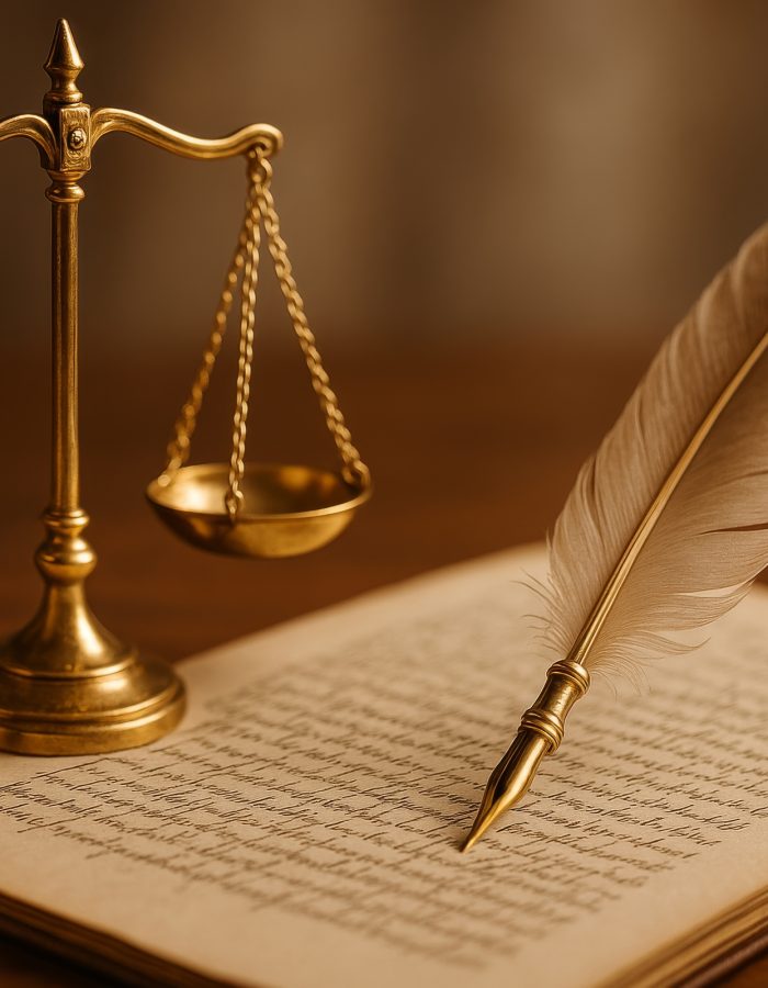 A golden scale stands beside an elegant quill and ink on handwritten parchment, symbolizing the connection between justice and traditional legal practices in a warm, inviting setting.