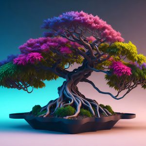 Beautiful Bonsai Tree in wooden pot on color background, created with Generative AI technology.