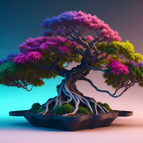 Beautiful Bonsai Tree in wooden pot on color background, created with Generative AI technology.