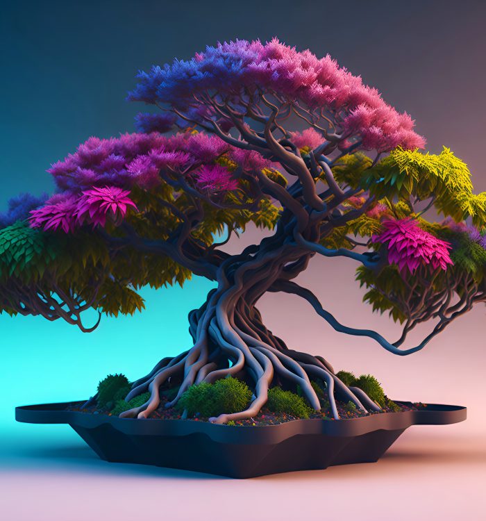 Beautiful Bonsai Tree in wooden pot on color background, created with Generative AI technology.