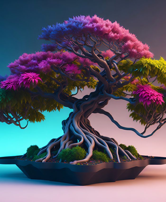 Beautiful Bonsai Tree in wooden pot on color background, created with Generative AI technology.