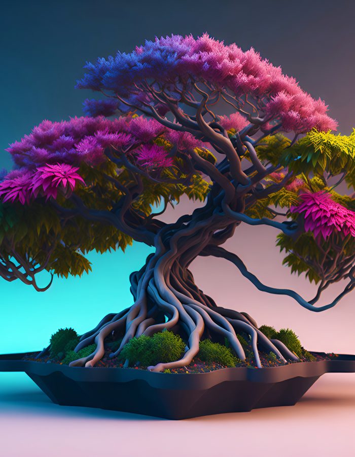 Beautiful Bonsai Tree in wooden pot on color background, created with Generative AI technology.