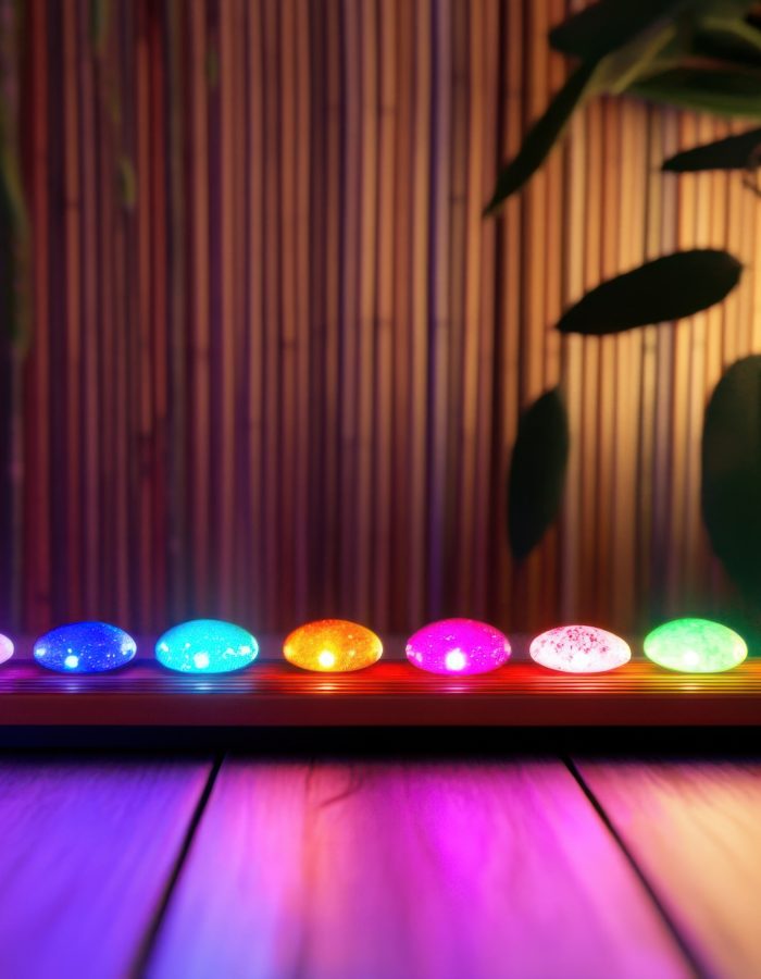 Chakra Healing Stones Positioned in Bamboo Design