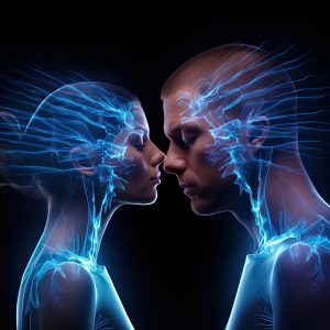 Conceptual x-ray image of male and female faces on dark background, Man and woman with joint pain in their heads, conceptual image, hologram , AI Generated