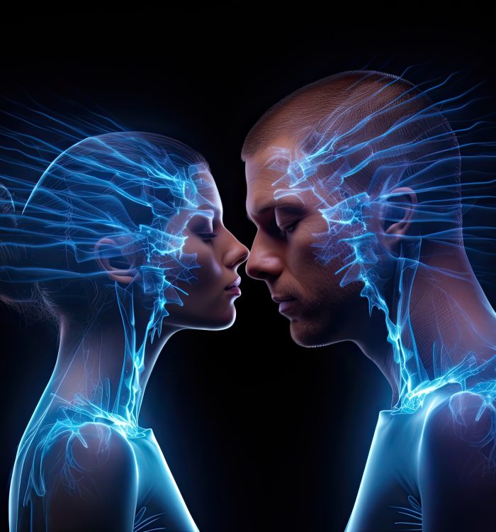 Conceptual x-ray image of male and female faces on dark background, Man and woman with joint pain in their heads, conceptual image, hologram , AI Generated