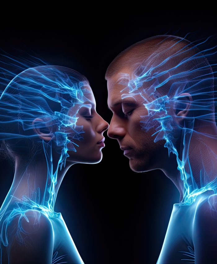Conceptual x-ray image of male and female faces on dark background, Man and woman with joint pain in their heads, conceptual image, hologram , AI Generated