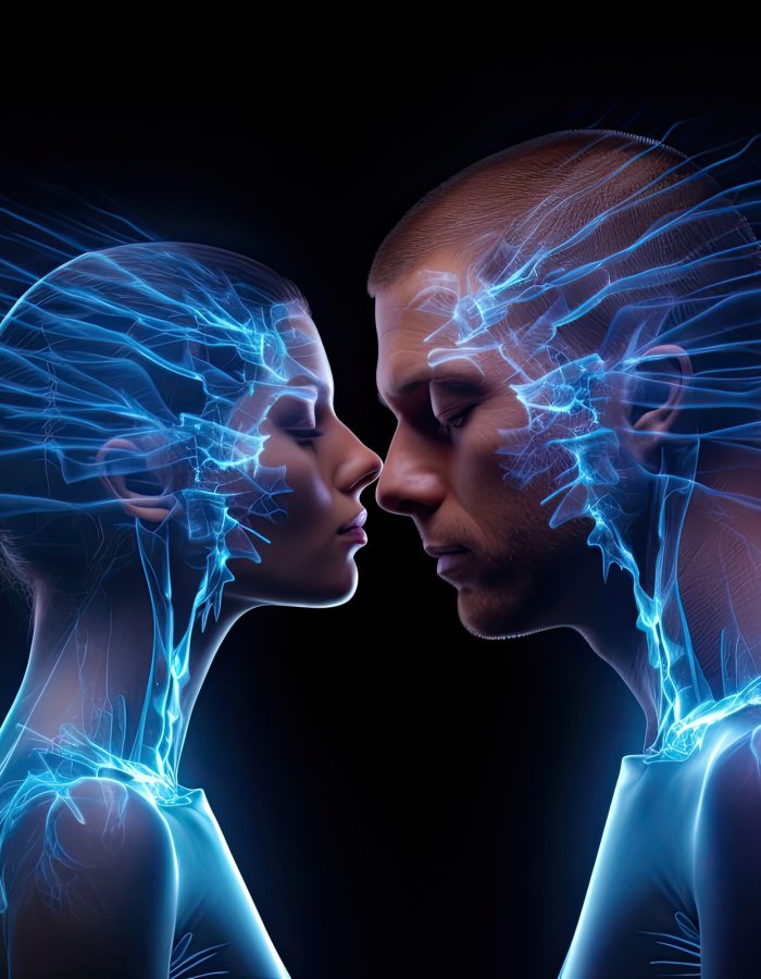 Conceptual x-ray image of male and female faces on dark background, Man and woman with joint pain in their heads, conceptual image, hologram , AI Generated