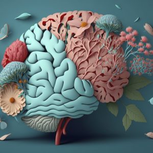 Human brain with flowers, self care and mental health concept, positive thinking, creative mind