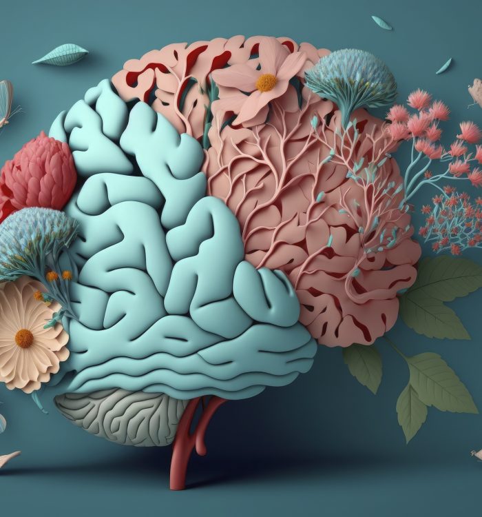 Human brain with flowers, self care and mental health concept, positive thinking, creative mind