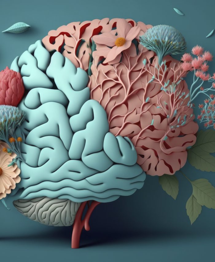 Human brain with flowers, self care and mental health concept, positive thinking, creative mind