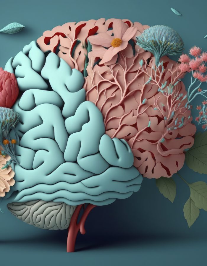 Human brain with flowers, self care and mental health concept, positive thinking, creative mind