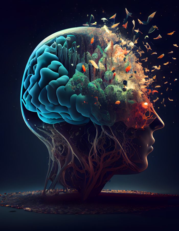 Human head with abstract brain. Mental health concept. 3D Rendering
