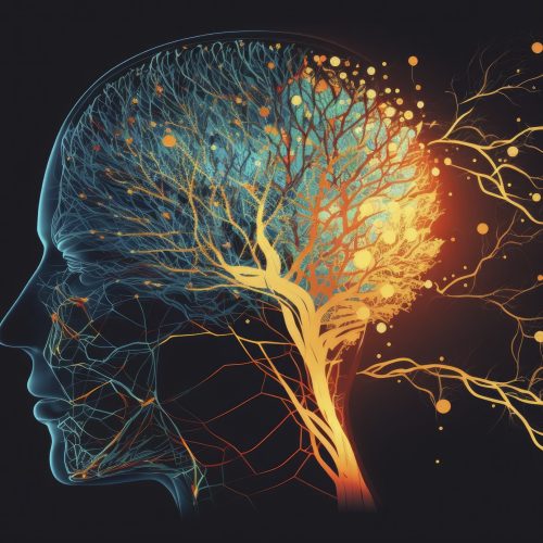 Human head with glowing neurons in brain. Esoteric and meditation concept. Connection with other worlds. Creates with Generative AI