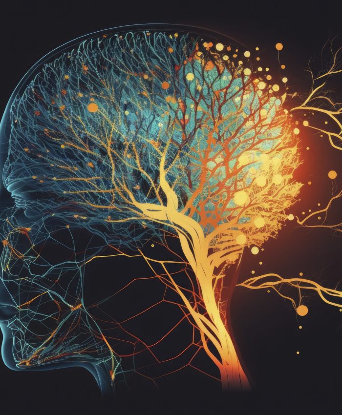 Human head with glowing neurons in brain. Esoteric and meditation concept. Connection with other worlds. Creates with Generative AI