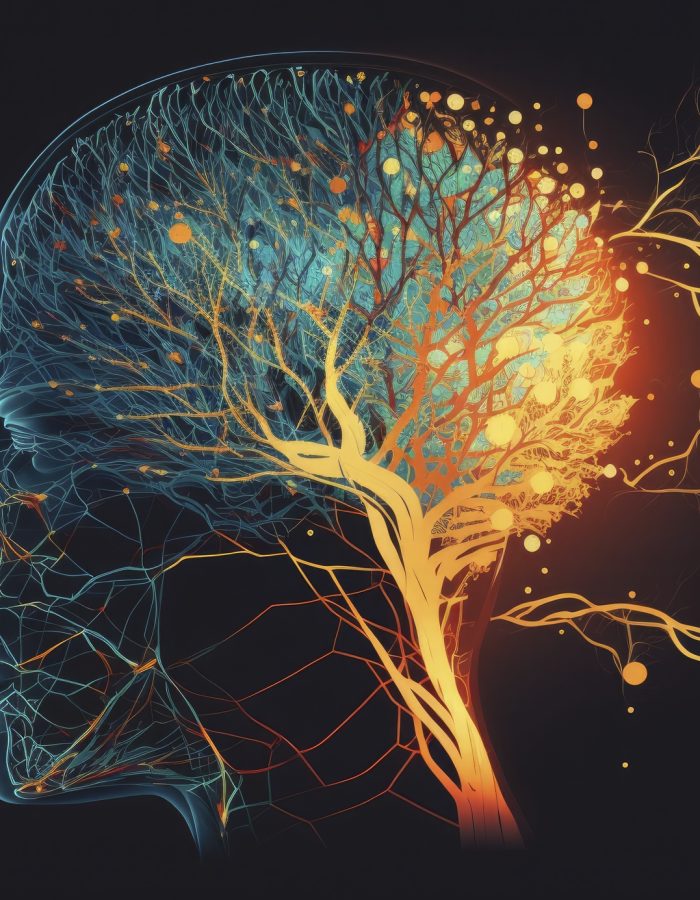 Human head with glowing neurons in brain. Esoteric and meditation concept. Connection with other worlds. Creates with Generative AI