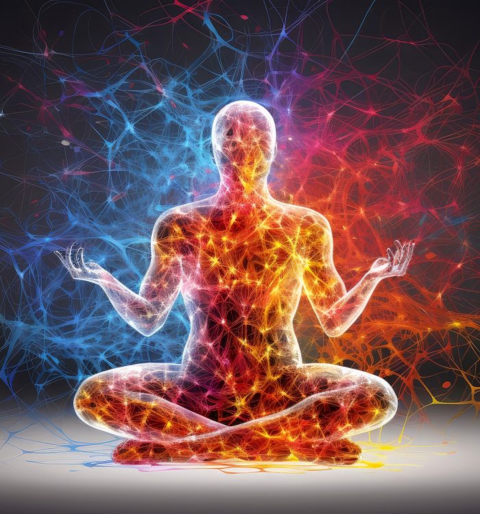 Human meditate, yoga. Psychic human considers mind and heart. Spirituality, esotericism, with bokeh defocused lights. universe, Psychic waves concept, Generative AI illustration