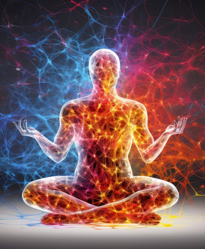 Human meditate, yoga. Psychic human considers mind and heart. Spirituality, esotericism, with bokeh defocused lights. universe, Psychic waves concept, Generative AI illustration