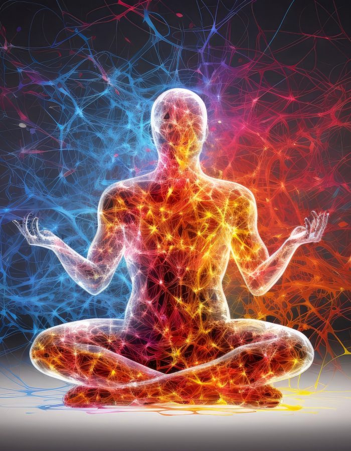 Human meditate, yoga. Psychic human considers mind and heart. Spirituality, esotericism, with bokeh defocused lights. universe, Psychic waves concept, Generative AI illustration